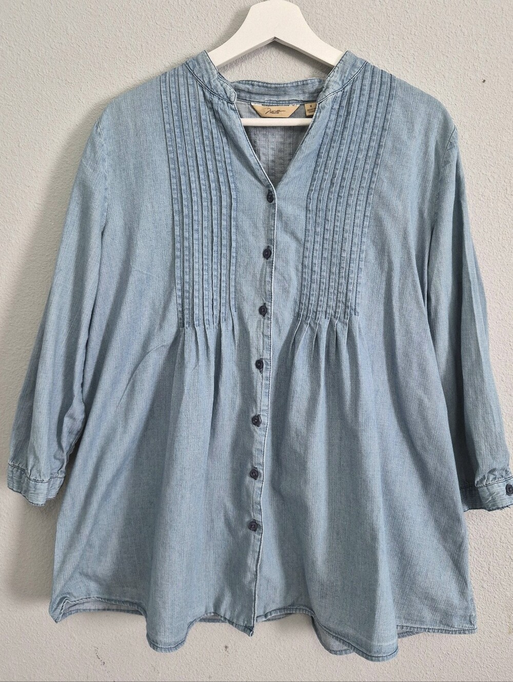 Motto Chambray Button Down Tunic Shirt Pin Tuck Pleats Size M Prairie Chic